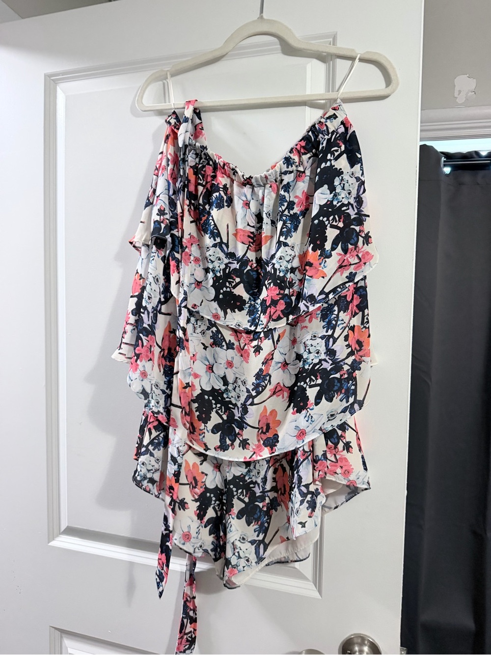 Parker Floral Ruffle Off-Shoulder Camisole — White, Navy, Pink